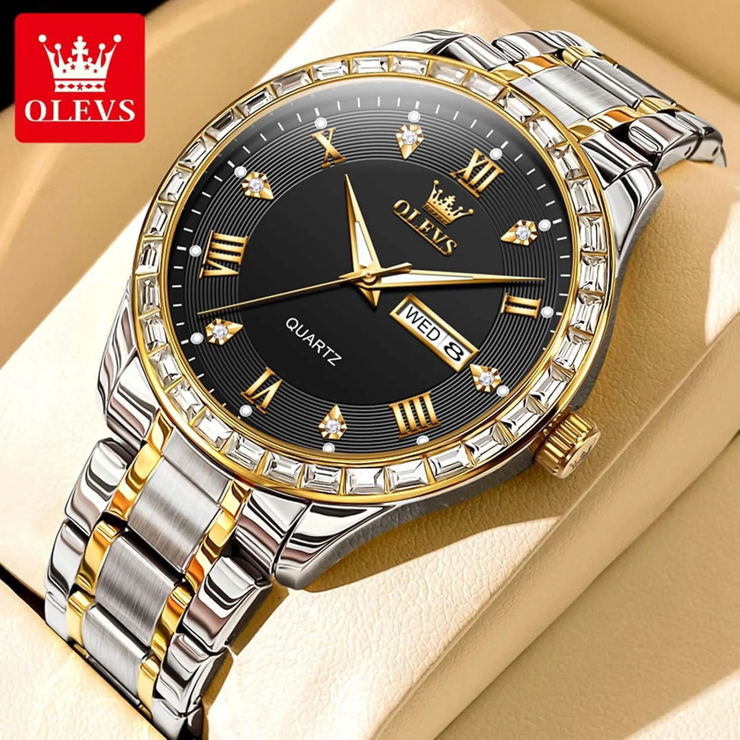 OLEVS Watches for Men with Date Stainless Steel Men Quartz Watches Roman Dial Diamond Classic Business Male Wristwatch Waterproof Luminous Calendar Reloj para Hombr(Gold/Black/Grey/White Dial)