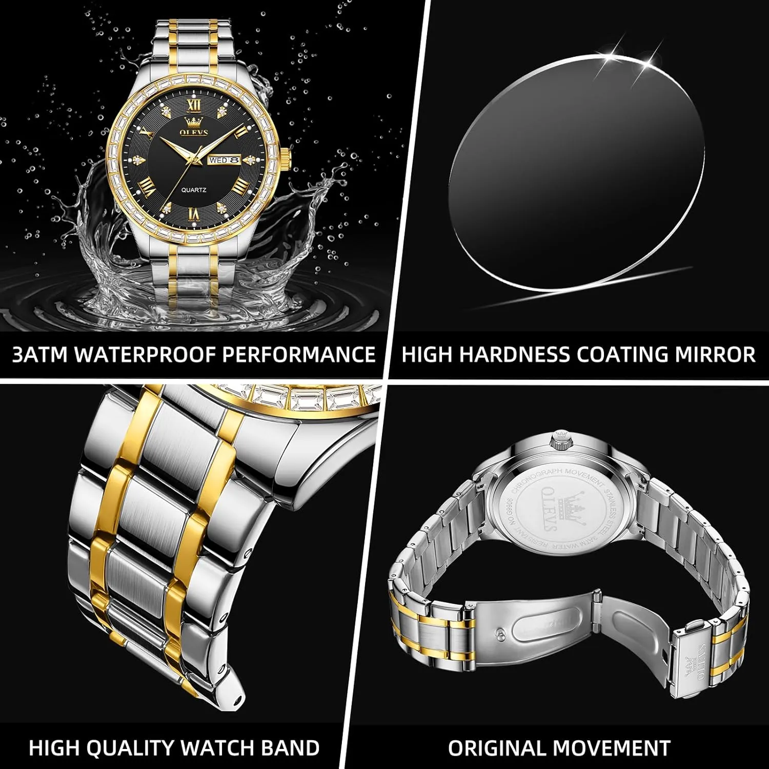 OLEVS Watches for Men with Date Stainless Steel Men Quartz Watches Roman Dial Diamond Classic Business Male Wristwatch Waterproof Luminous Calendar Reloj para Hombr(Gold/Black/Grey/White Dial)