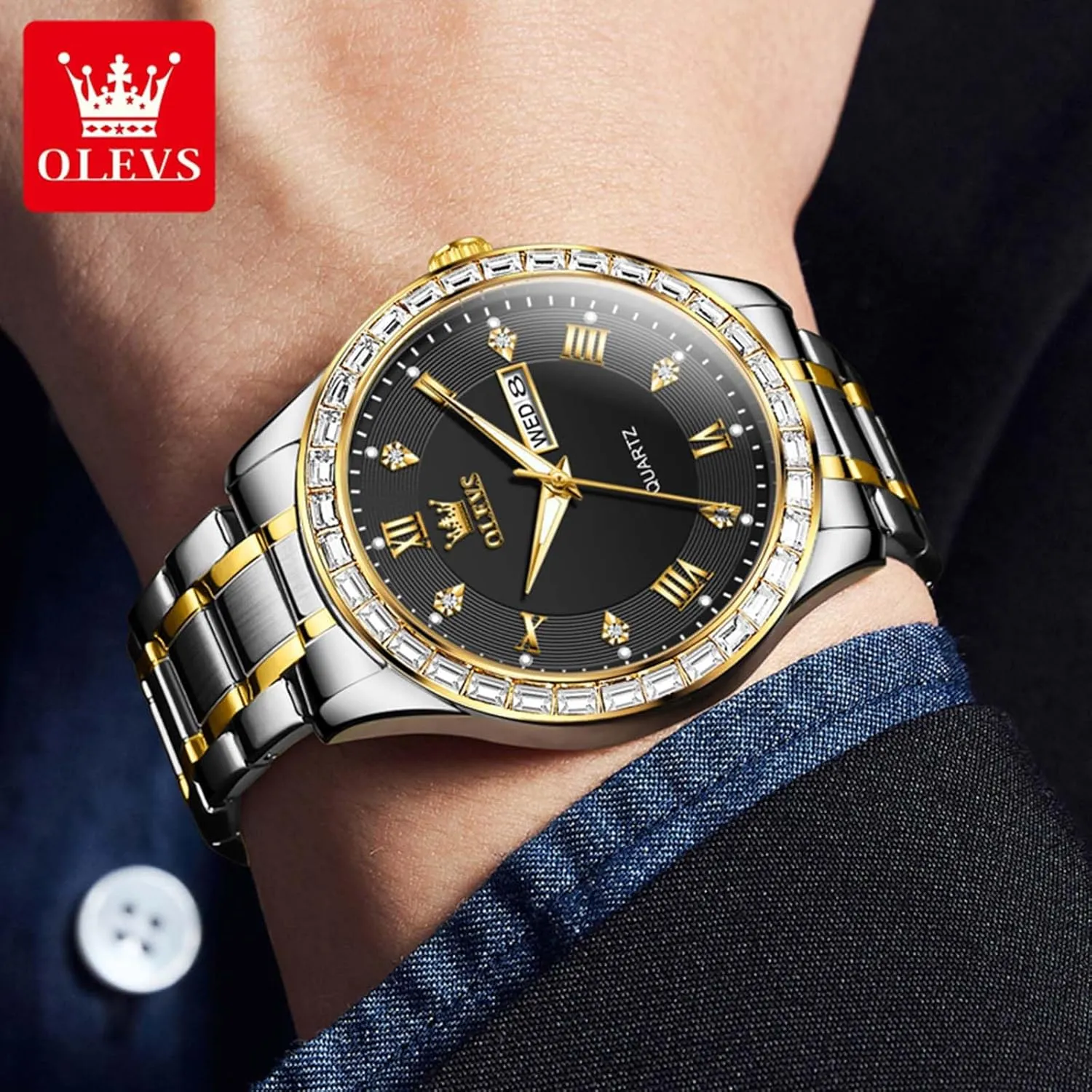 OLEVS Watches for Men with Date Stainless Steel Men Quartz Watches Roman Dial Diamond Classic Business Male Wristwatch Waterproof Luminous Calendar Reloj para Hombr(Gold/Black/Grey/White Dial)