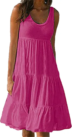OMZIN Women Crewneck Sleeveless Beach Dresses Loose Swing Tank Midi Casual Dress