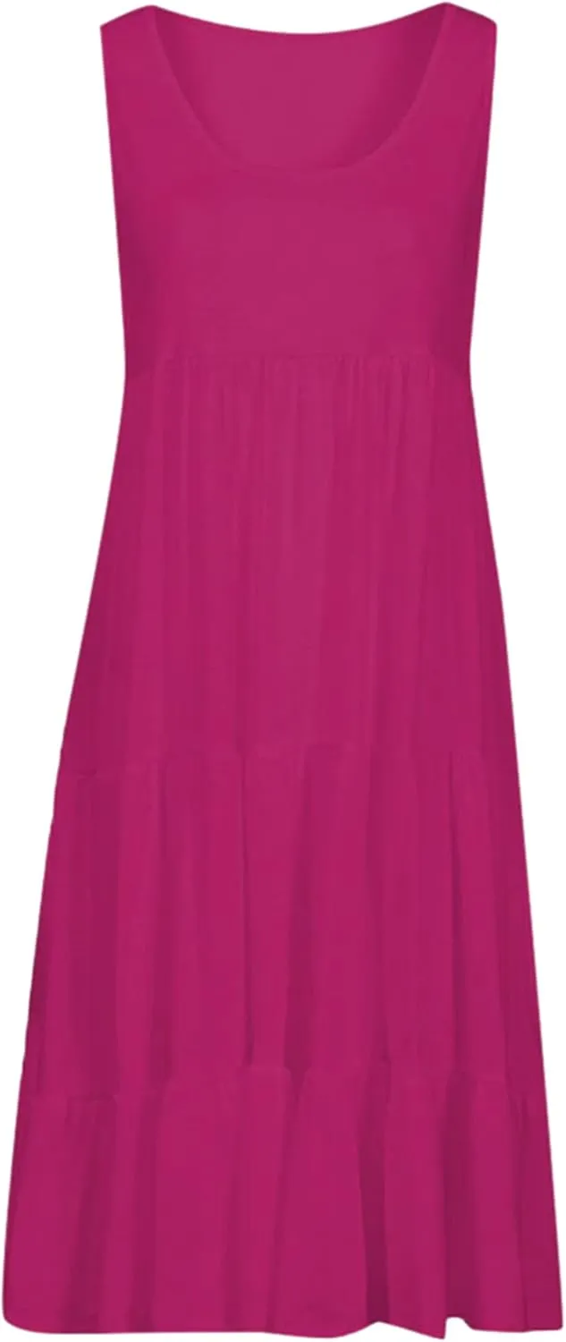 OMZIN Women Crewneck Sleeveless Beach Dresses Loose Swing Tank Midi Casual Dress