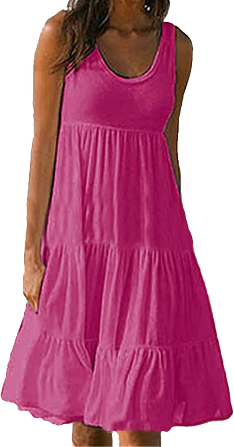 OMZIN Women Crewneck Sleeveless Beach Dresses Loose Swing Tank Midi Casual Dress