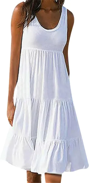 OMZIN Women Crewneck Sleeveless Beach Dresses Loose Swing Tank Midi Casual Dress