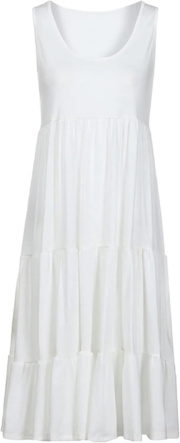 OMZIN Women Crewneck Sleeveless Beach Dresses Loose Swing Tank Midi Casual Dress