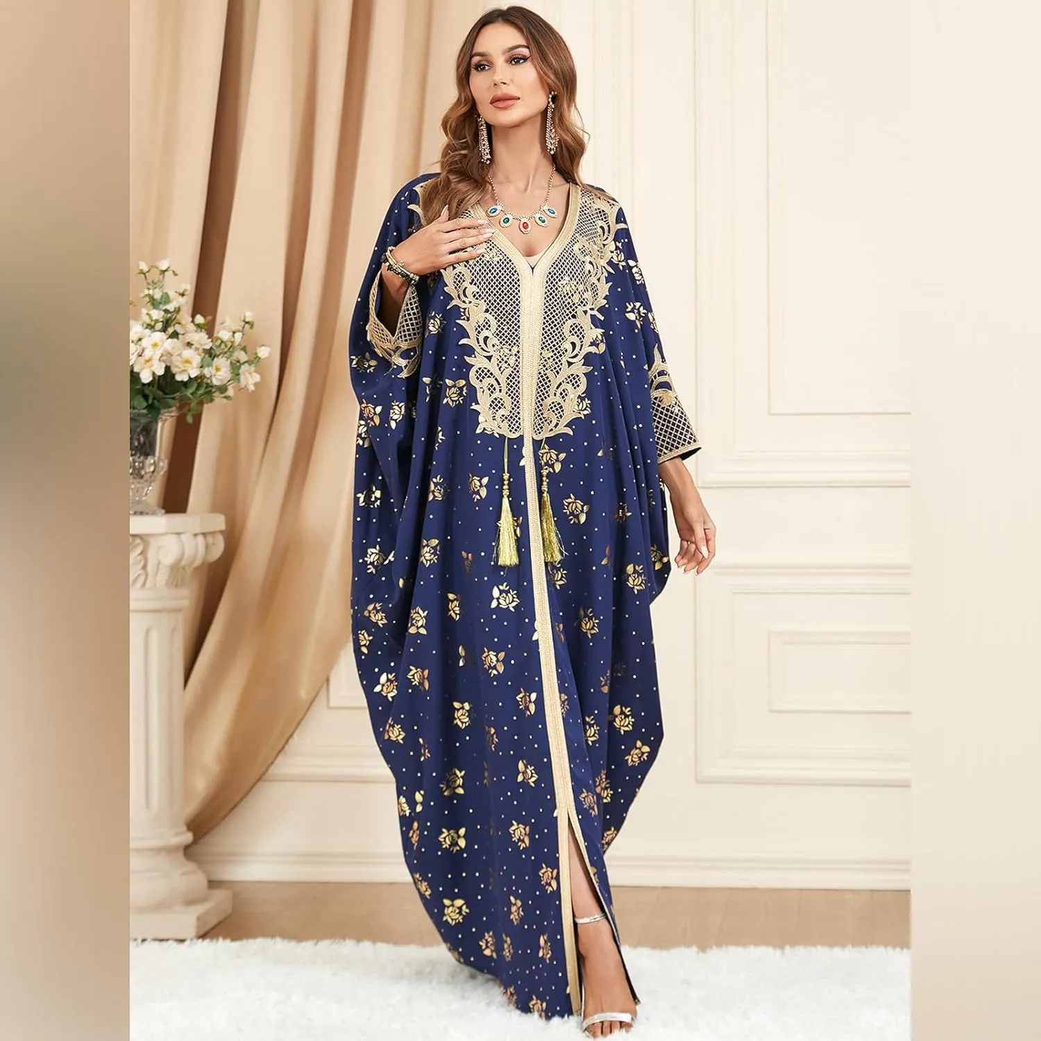 One Size Moroccan Kaftan Dress Floral Batwing Dubai Muslim Robe Islamic Wedding Clothes Pakistani Eid Ramadan Caftan