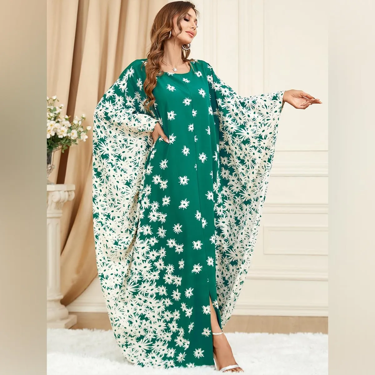 One Size Moroccan Kaftan Dress Floral Batwing Dubai Muslim Robe Islamic Wedding Clothes Pakistani Eid Ramadan Caftan