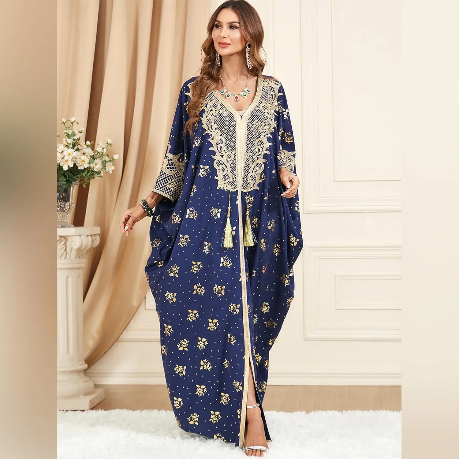 One Size Moroccan Kaftan Dress Floral Batwing Dubai Muslim Robe Islamic Wedding Clothes Pakistani Eid Ramadan Caftan