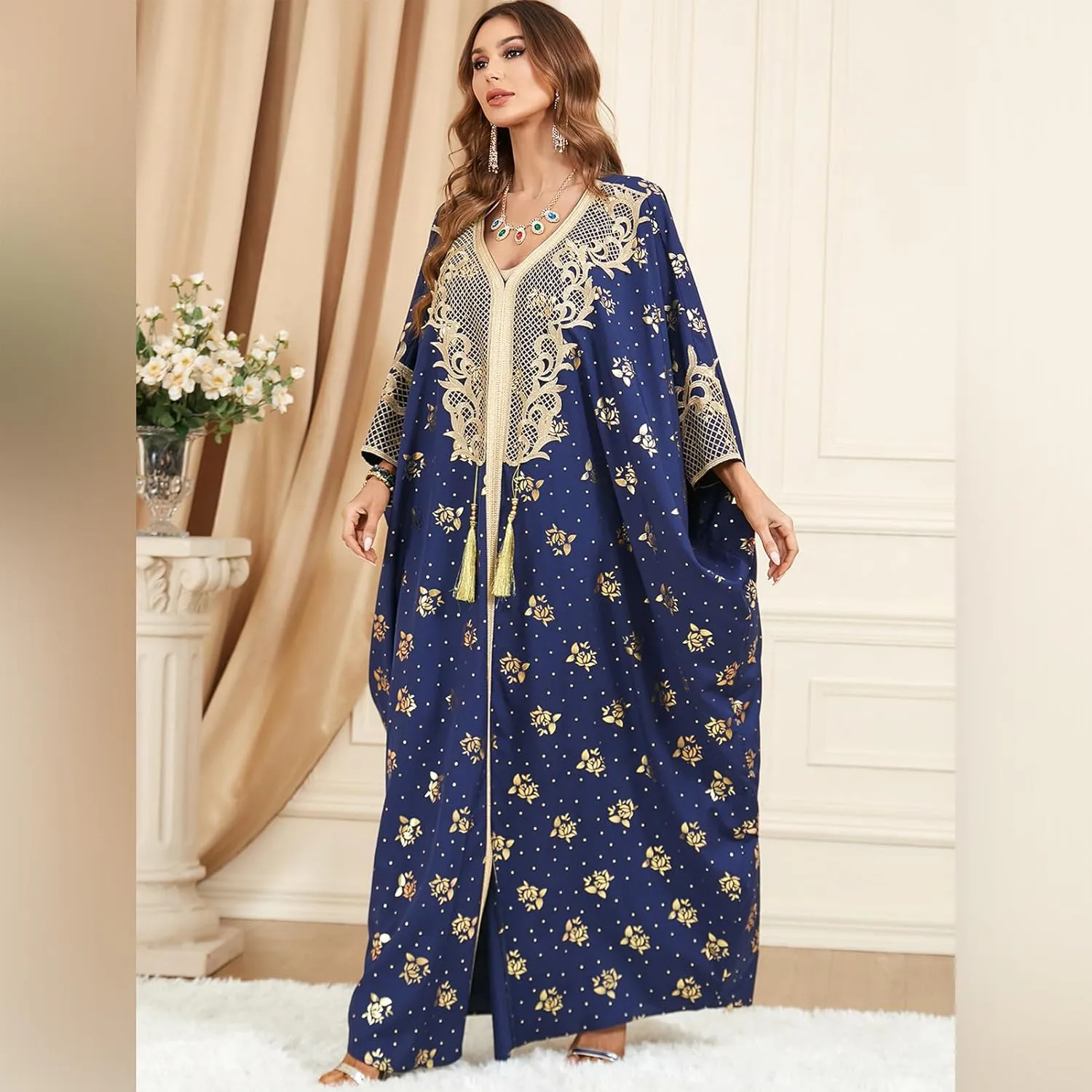 One Size Moroccan Kaftan Dress Floral Batwing Dubai Muslim Robe Islamic Wedding Clothes Pakistani Eid Ramadan Caftan