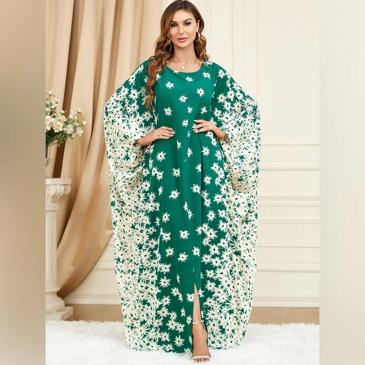 One Size Moroccan Kaftan Dress Floral Batwing Dubai Muslim Robe Islamic Wedding Clothes Pakistani Eid Ramadan Caftan