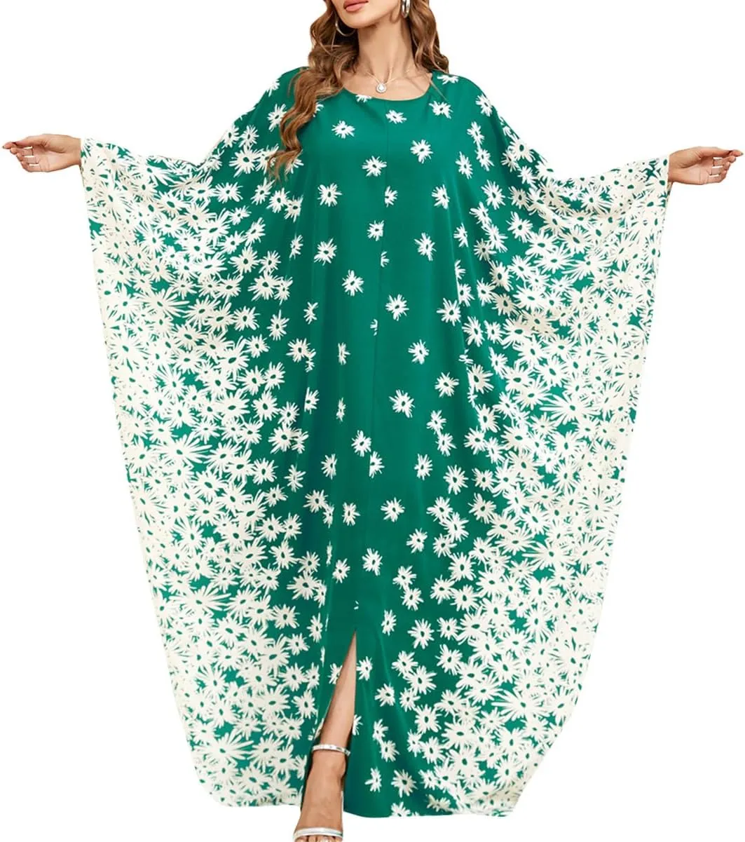 One Size Moroccan Kaftan Dress Floral Batwing Dubai Muslim Robe Islamic Wedding Clothes Pakistani Eid Ramadan Caftan