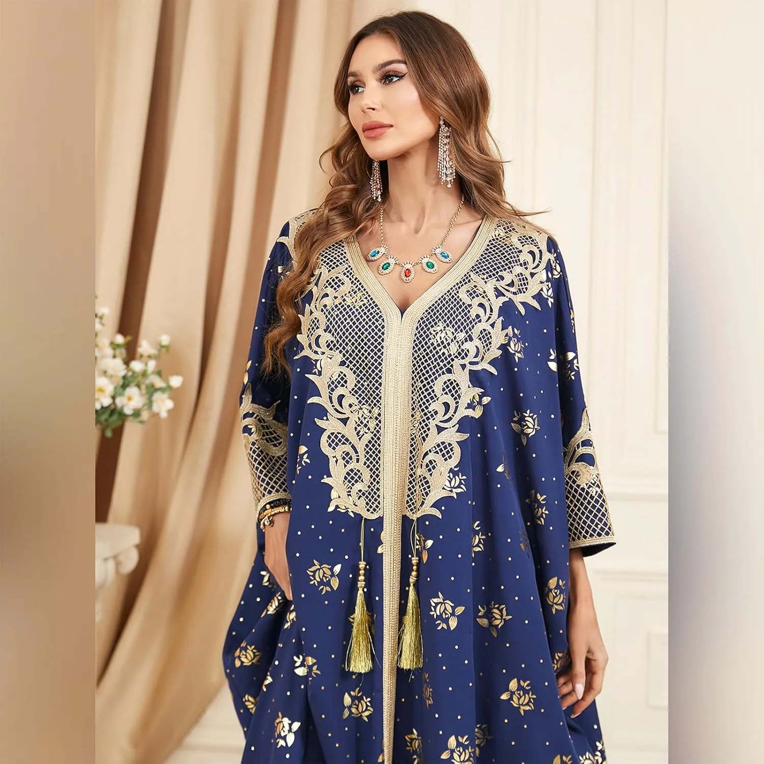 One Size Moroccan Kaftan Dress Floral Batwing Dubai Muslim Robe Islamic Wedding Clothes Pakistani Eid Ramadan Caftan