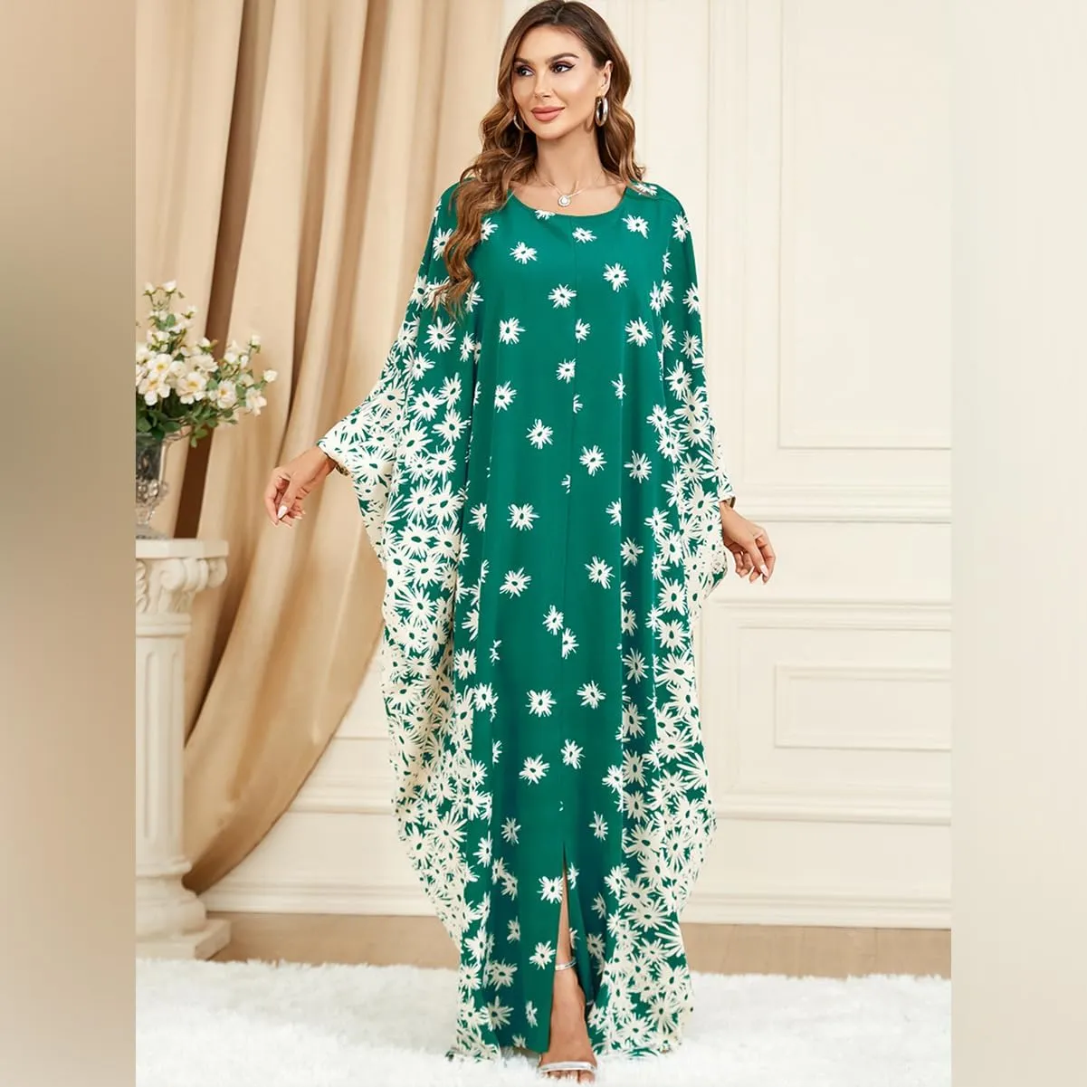 One Size Moroccan Kaftan Dress Floral Batwing Dubai Muslim Robe Islamic Wedding Clothes Pakistani Eid Ramadan Caftan