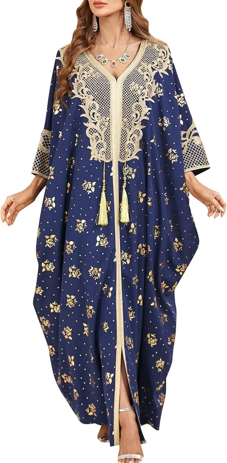 One Size Moroccan Kaftan Dress Floral Batwing Dubai Muslim Robe Islamic Wedding Clothes Pakistani Eid Ramadan Caftan