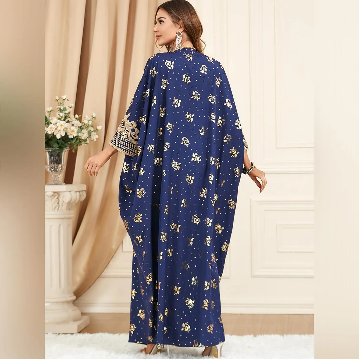 One Size Moroccan Kaftan Dress Floral Batwing Dubai Muslim Robe Islamic Wedding Clothes Pakistani Eid Ramadan Caftan