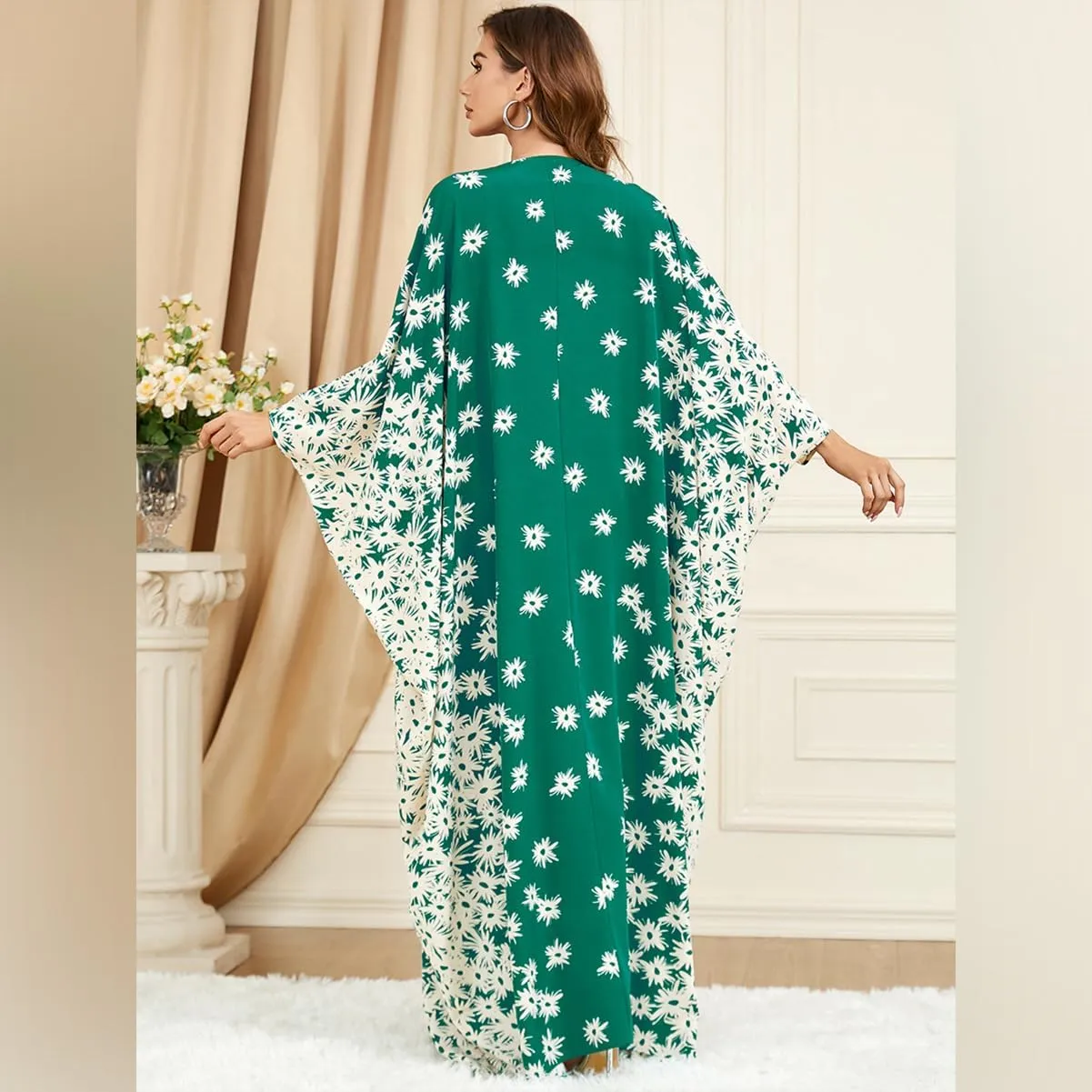 One Size Moroccan Kaftan Dress Floral Batwing Dubai Muslim Robe Islamic Wedding Clothes Pakistani Eid Ramadan Caftan