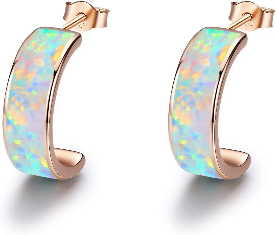Opal Small Hoops Earrings 14K Rose Gold Plated Sterling Silver Huggie Earrings C Hoops Circle Earrings Jewelry Gifts for Women 2025