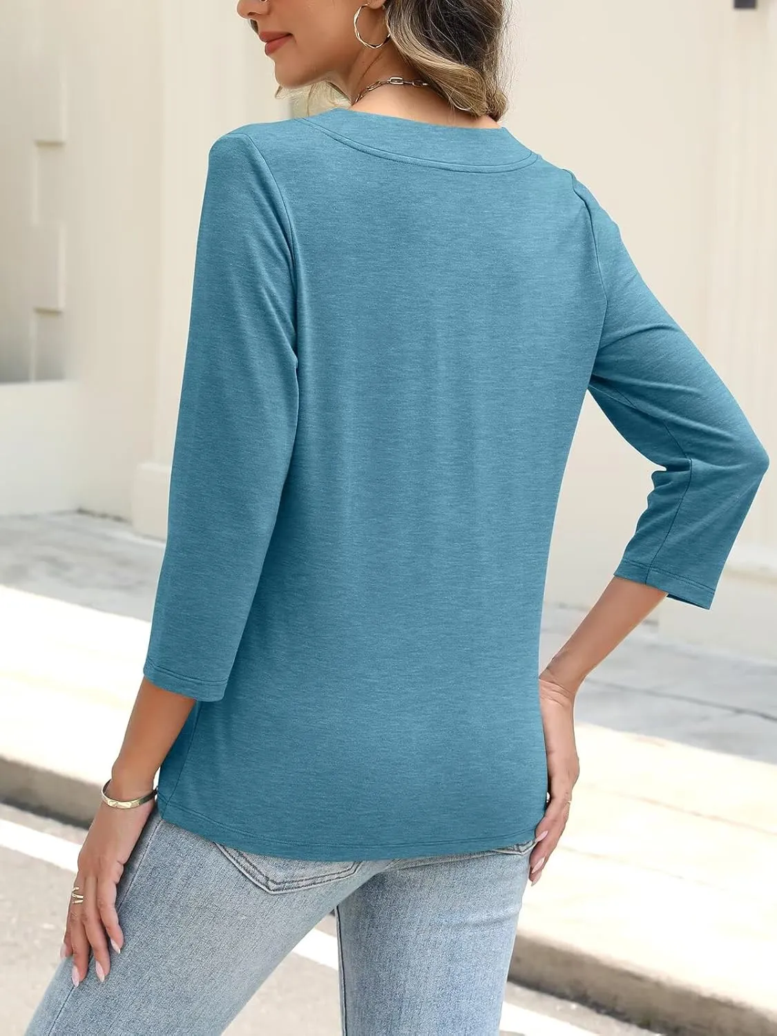 ORANDESIGNE Women's Button Down Shirts Summer 3/4 Length Sleeve Tops Basic Ladies Tees