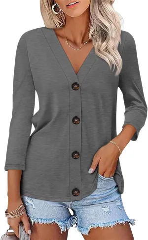 ORANDESIGNE Women's Button Down Shirts Summer 3/4 Length Sleeve Tops Basic Ladies Tees