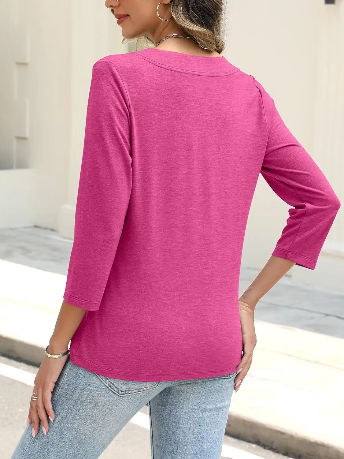 ORANDESIGNE Women's Button Down Shirts Summer 3/4 Length Sleeve Tops Basic Ladies Tees