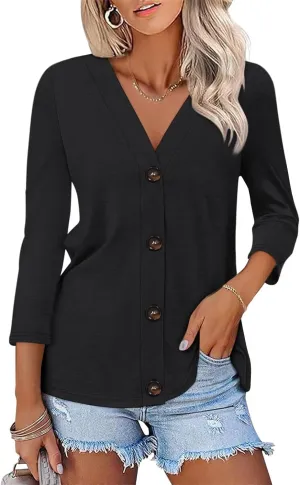 ORANDESIGNE Women's Button Down Shirts Summer 3/4 Length Sleeve Tops Basic Ladies Tees