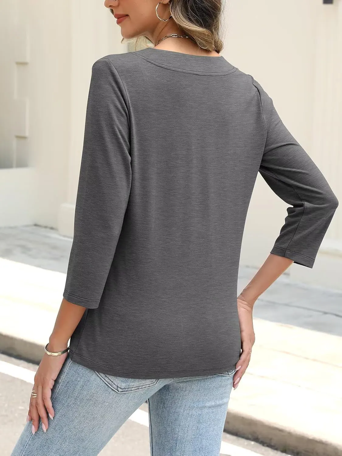 ORANDESIGNE Women's Button Down Shirts Summer 3/4 Length Sleeve Tops Basic Ladies Tees