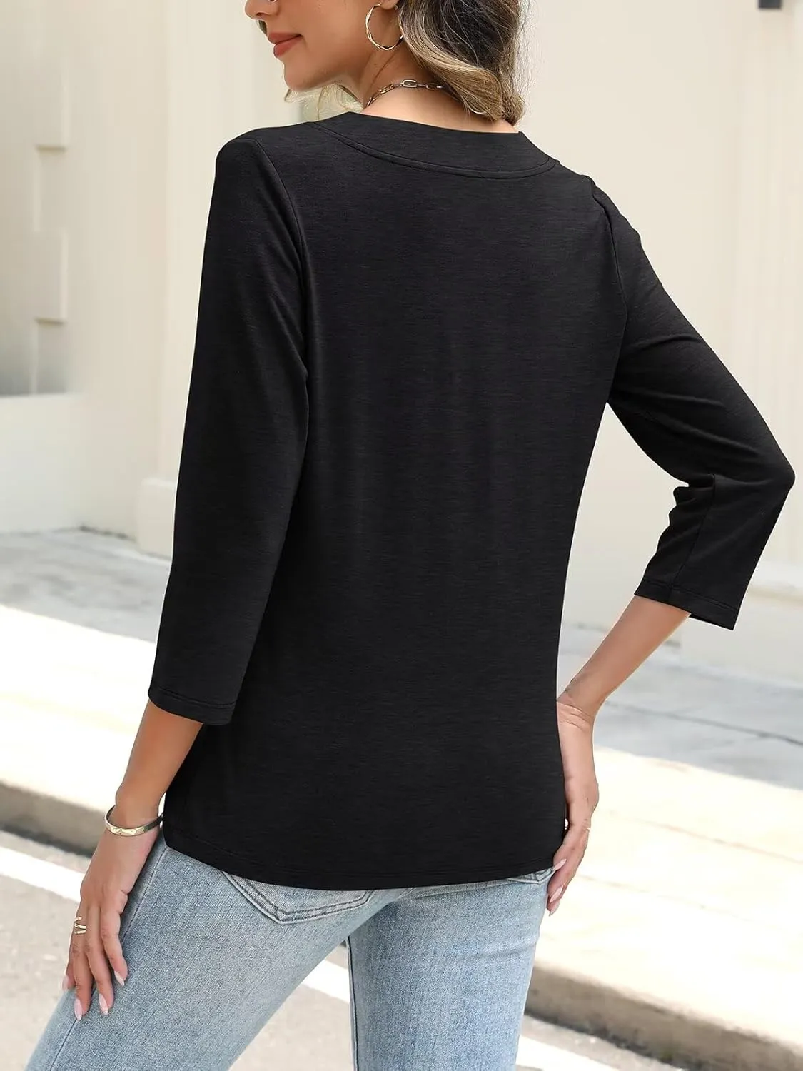 ORANDESIGNE Women's Button Down Shirts Summer 3/4 Length Sleeve Tops Basic Ladies Tees