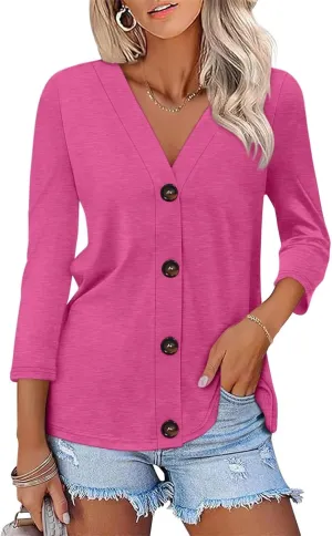 ORANDESIGNE Women's Button Down Shirts Summer 3/4 Length Sleeve Tops Basic Ladies Tees