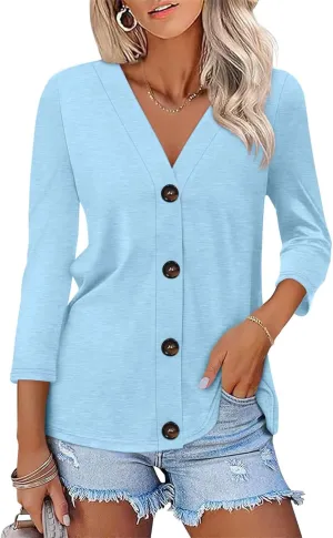 ORANDESIGNE Women's Button Down Shirts Summer 3/4 Length Sleeve Tops Basic Ladies Tees