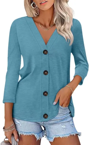 ORANDESIGNE Women's Button Down Shirts Summer 3/4 Length Sleeve Tops Basic Ladies Tees