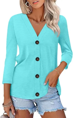 ORANDESIGNE Women's Button Down Shirts Summer 3/4 Length Sleeve Tops Basic Ladies Tees