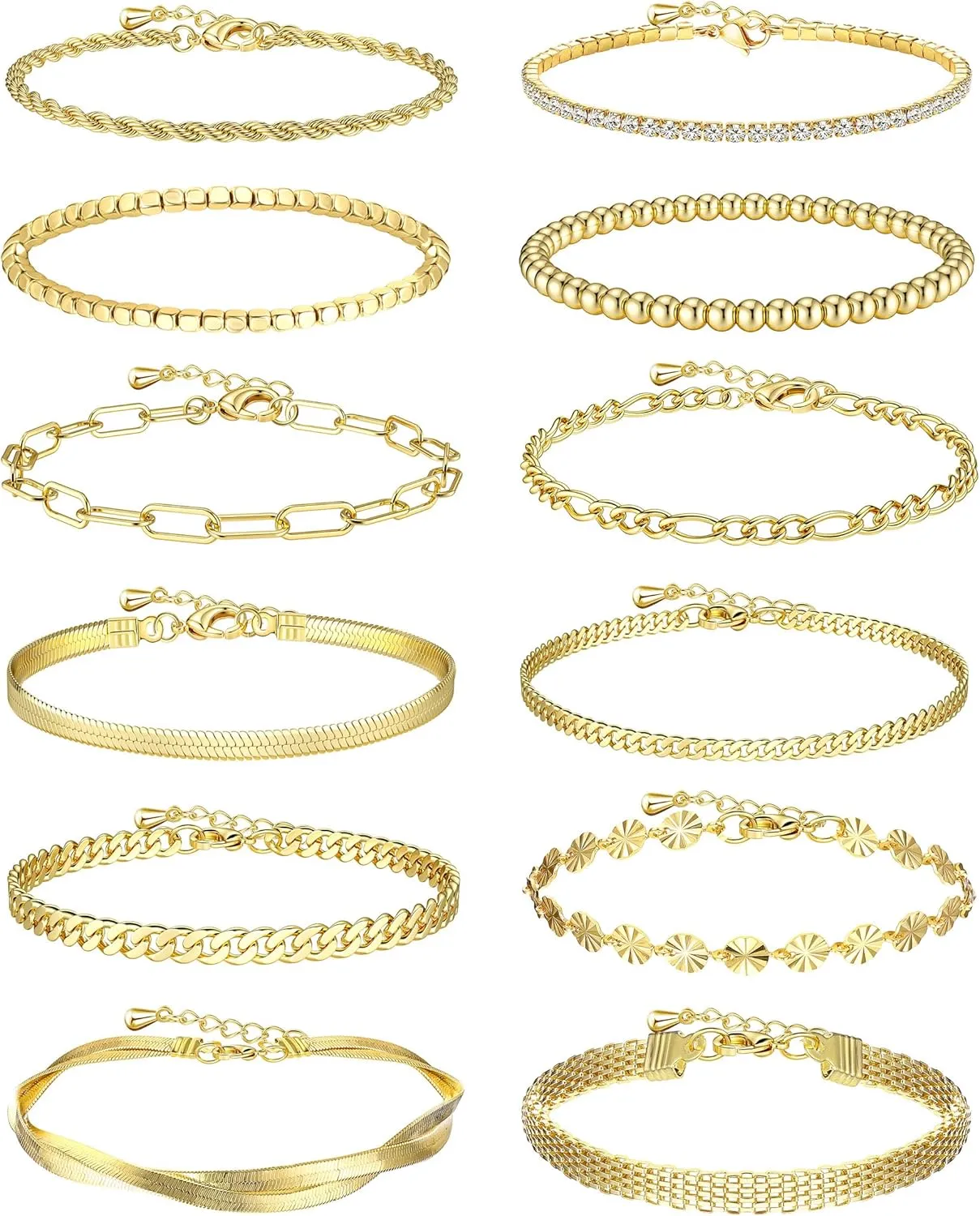 ORAZIO 14K Gold Plated Bracelets for Women 12Pcs Gold Bracelets for Women Adjustable Layered Gold Bracelet Set Dainty Gold Beaded Bracelet Trendy Paperclip Link Chain Stackable Bracelet Womens Gold Bracelet Jewelry Set