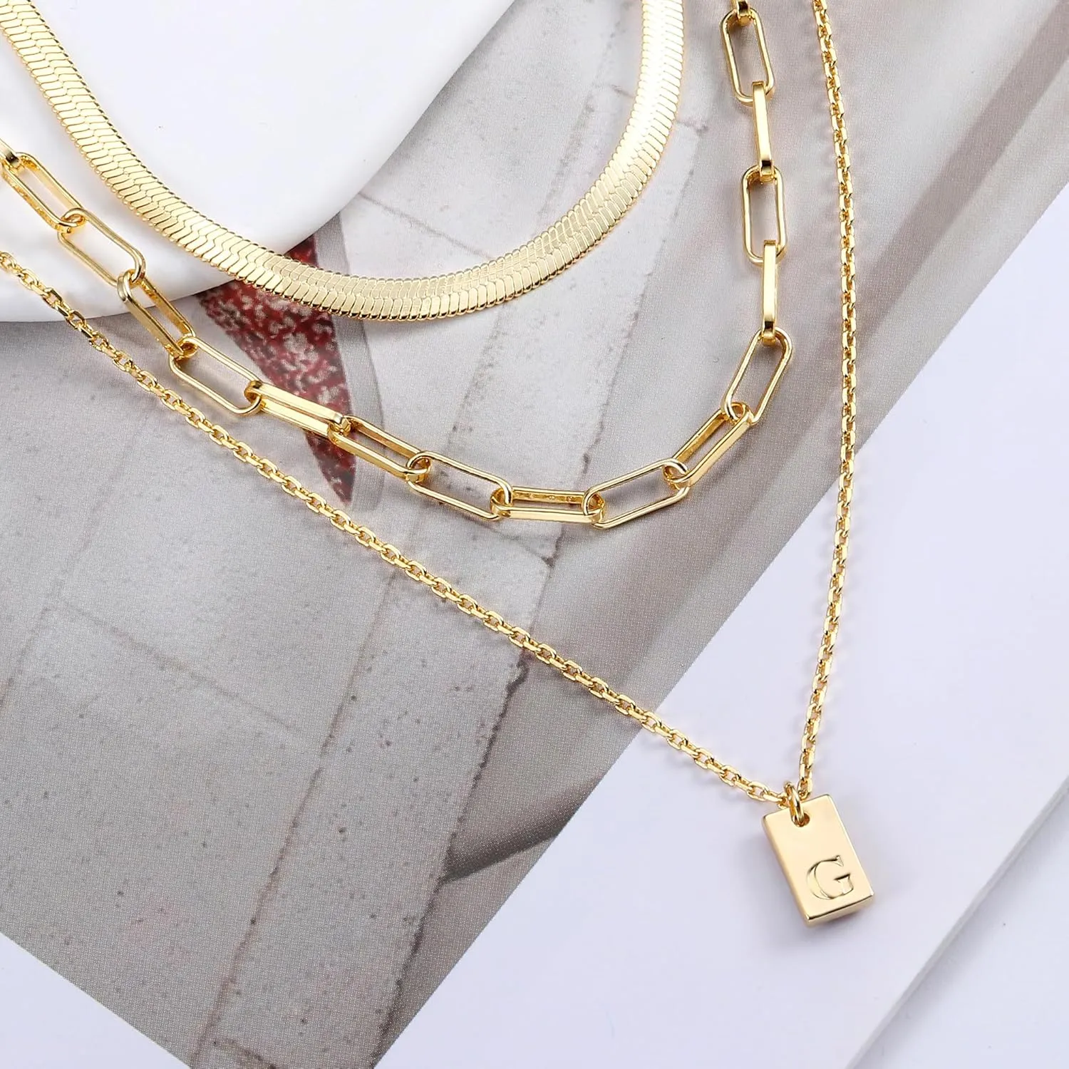 ORAZIO Gold Layered Necklaces for Women Trendy 14K Gold Initial Necklace Personalized A-Z Name Tag Pendant Letter Necklace Paperclip Snake Chain Layering Necklace Set Dainty Gold Jewelry Gifts