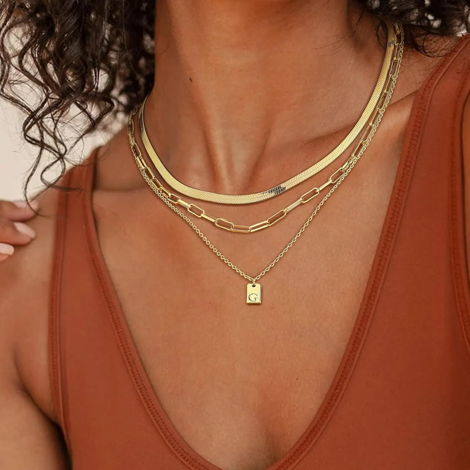 ORAZIO Gold Layered Necklaces for Women Trendy 14K Gold Initial Necklace Personalized A-Z Name Tag Pendant Letter Necklace Paperclip Snake Chain Layering Necklace Set Dainty Gold Jewelry Gifts