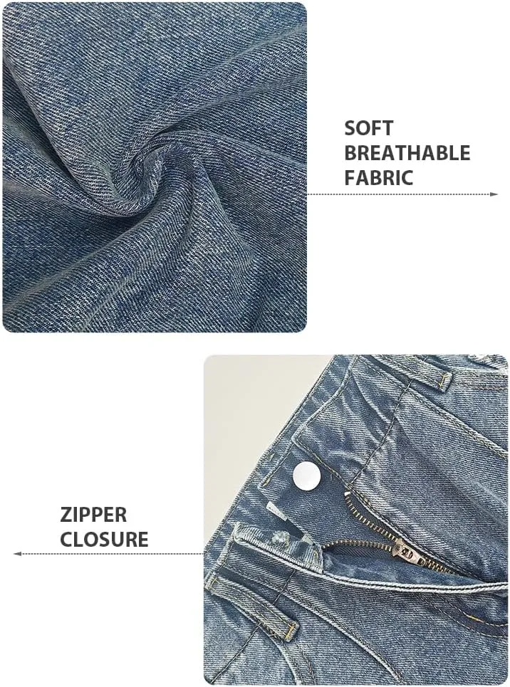 oshoplive Women's Denim Skirts Stretch High Waist A Line Flare Jean Skirt Frayed Raw Hem Split Maxi Skirts with Pockets