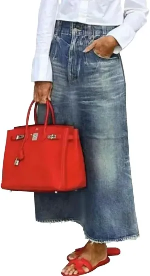 oshoplive Women's Denim Skirts Stretch High Waist A Line Flare Jean Skirt Frayed Raw Hem Split Maxi Skirts with Pockets