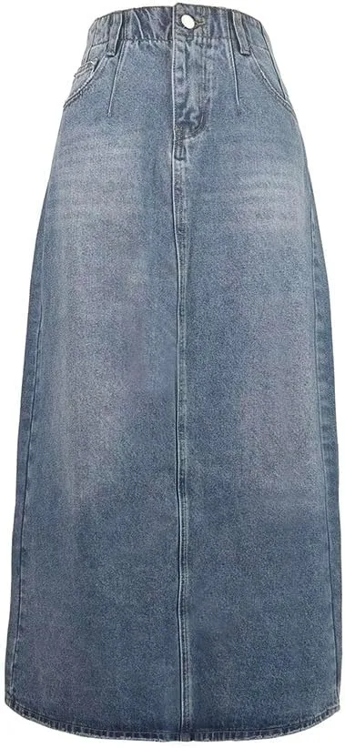 oshoplive Women's Denim Skirts Stretch High Waist A Line Flare Jean Skirt Frayed Raw Hem Split Maxi Skirts with Pockets