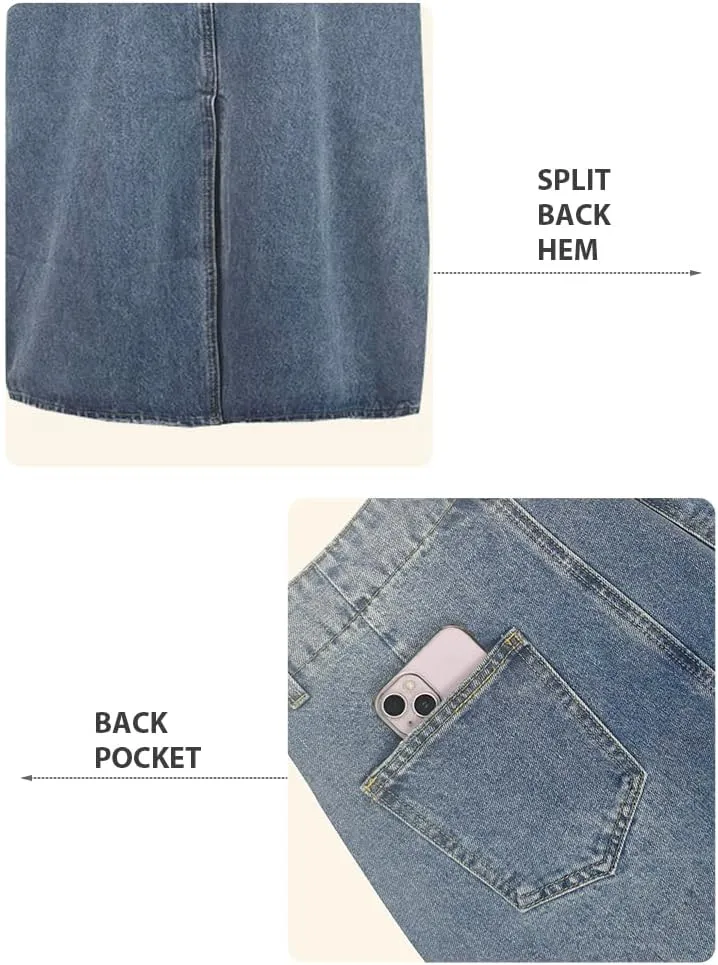 oshoplive Women's Denim Skirts Stretch High Waist A Line Flare Jean Skirt Frayed Raw Hem Split Maxi Skirts with Pockets