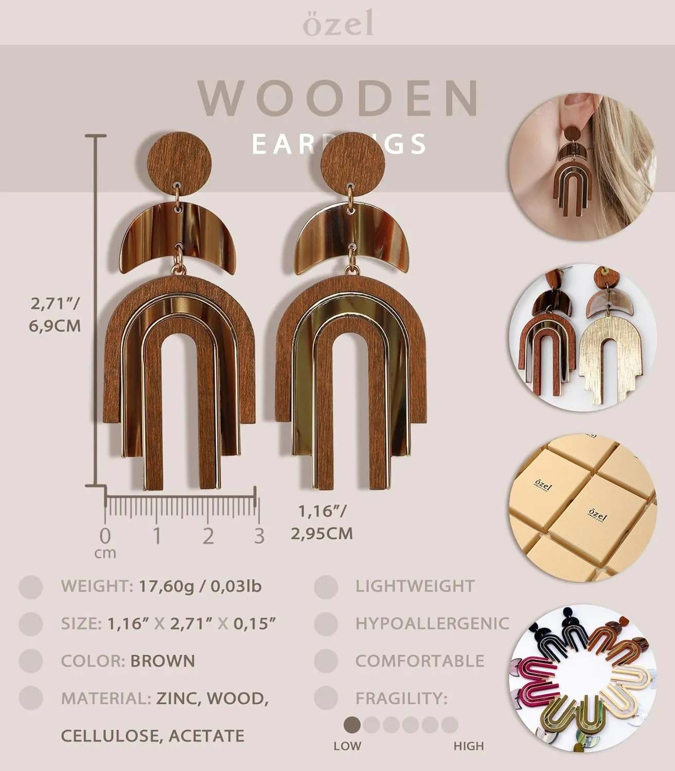 Ozel - Natural Wooden Acrylic Boho Drop Dangle Earrings for Women - Geometric Statement Jewellery - Brown, Black, Magent Red, Olive Green, White beige