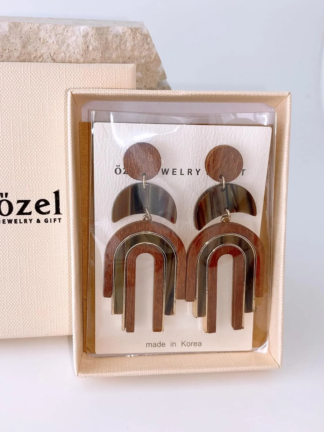 Ozel - Natural Wooden Acrylic Boho Drop Dangle Earrings for Women - Geometric Statement Jewellery - Brown, Black, Magent Red, Olive Green, White beige