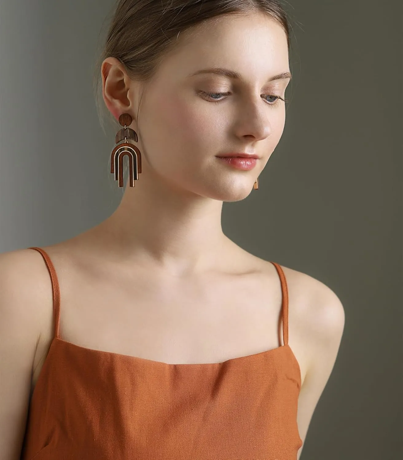 Ozel - Natural Wooden Acrylic Boho Drop Dangle Earrings for Women - Geometric Statement Jewellery - Brown, Black, Magent Red, Olive Green, White beige