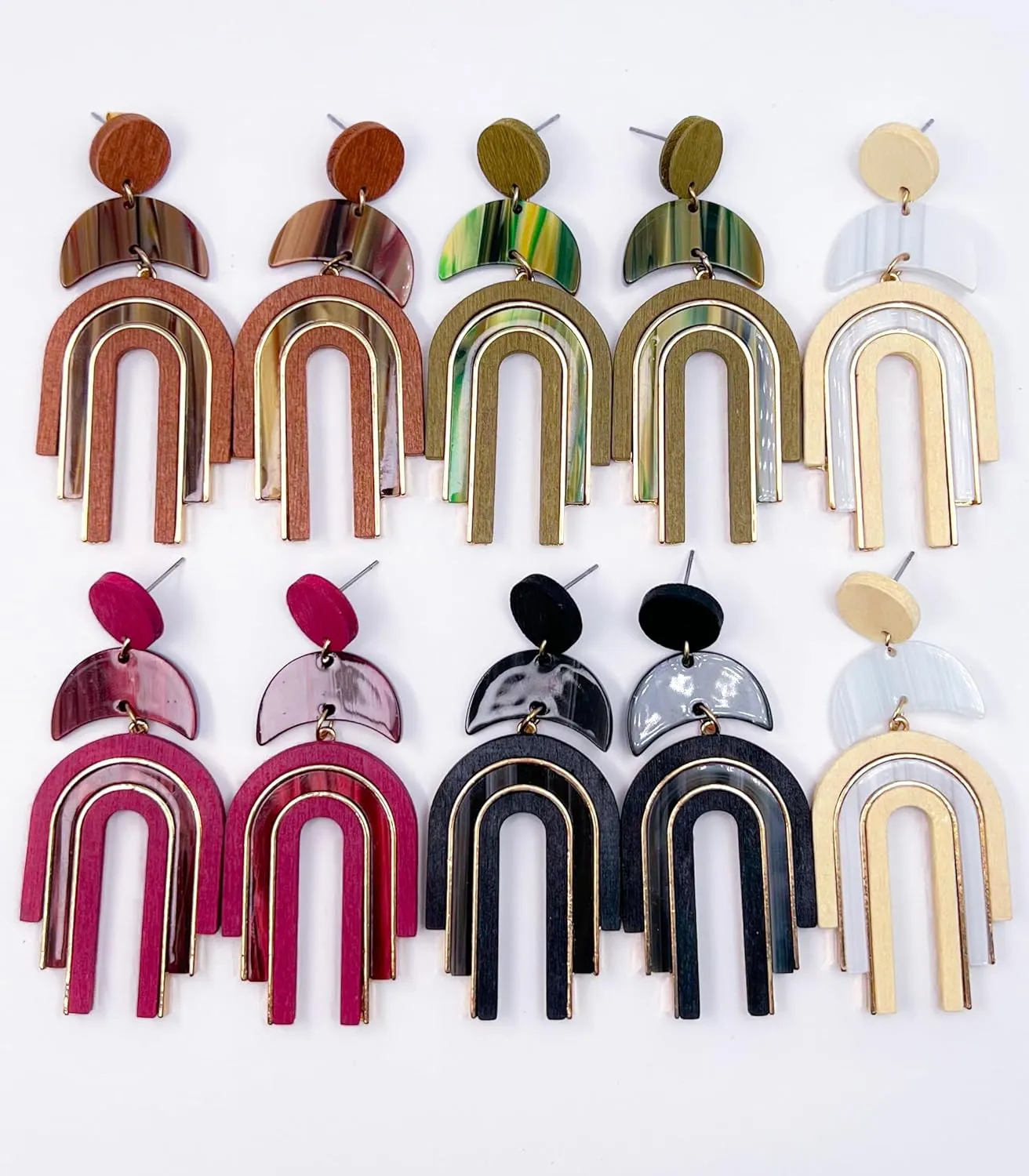 Ozel - Natural Wooden Acrylic Boho Drop Dangle Earrings for Women - Geometric Statement Jewellery - Brown, Black, Magent Red, Olive Green, White beige