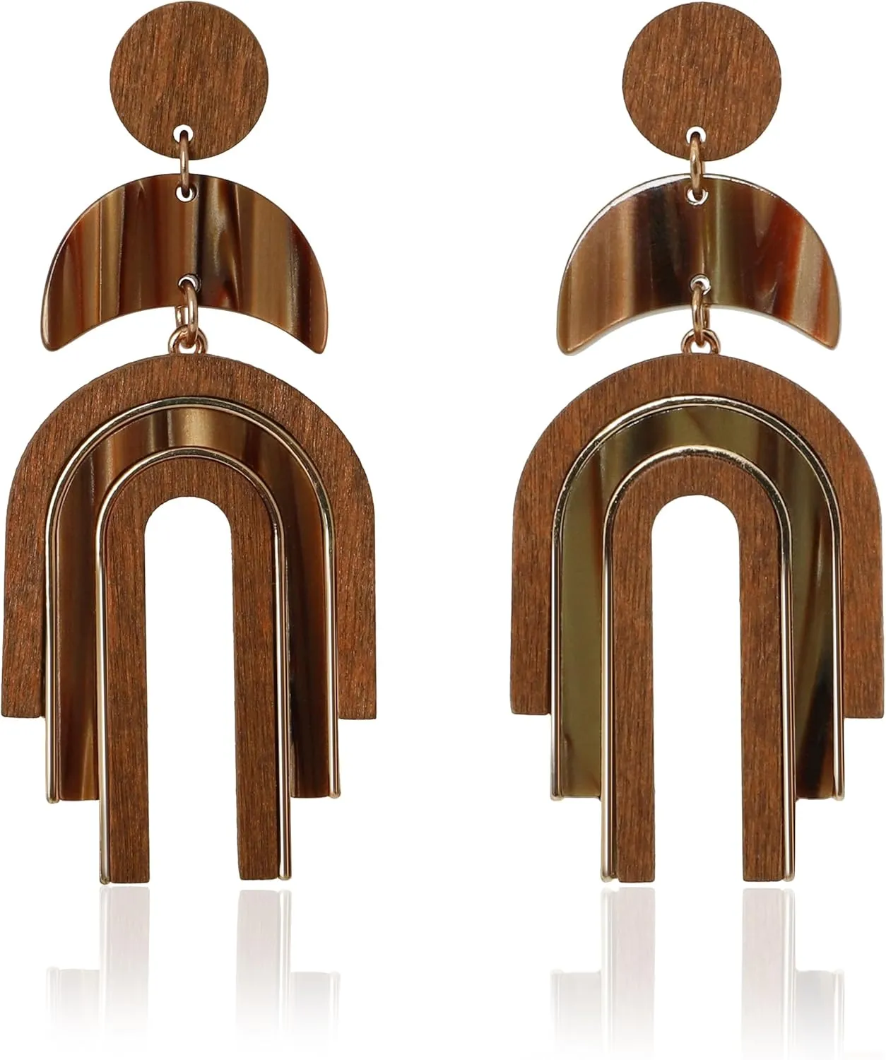 Ozel - Natural Wooden Acrylic Boho Drop Dangle Earrings for Women - Geometric Statement Jewellery - Brown, Black, Magent Red, Olive Green, White beige