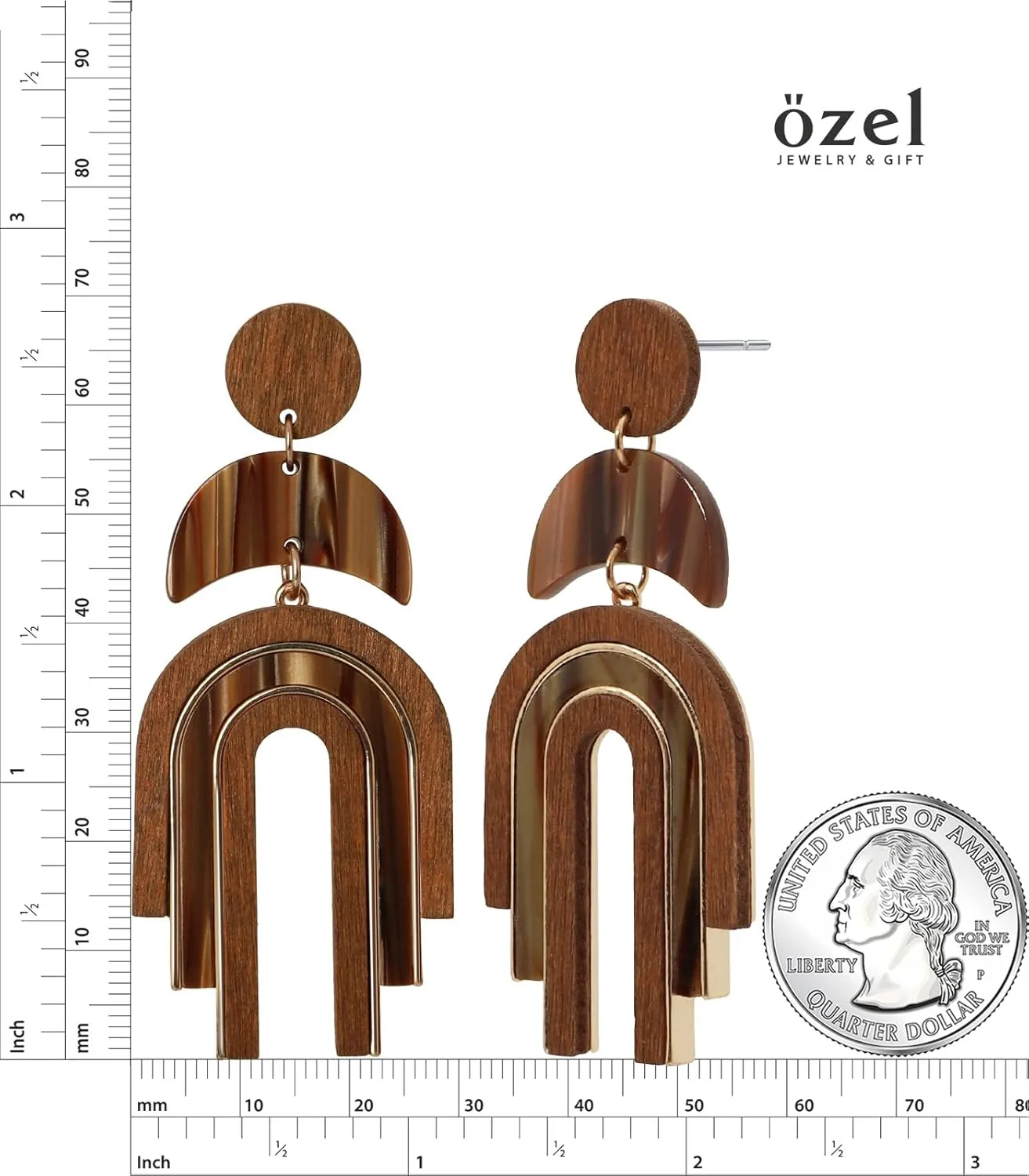 Ozel - Natural Wooden Acrylic Boho Drop Dangle Earrings for Women - Geometric Statement Jewellery - Brown, Black, Magent Red, Olive Green, White beige