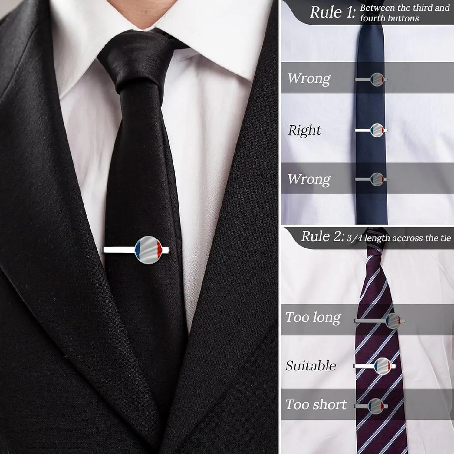 Pair of Shiny Tie Pins - Silver Bar Clips for Wedding Parties
