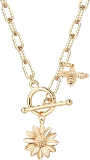Paperclip Chain Necklace for Women, 18K Gold Plated Paperclip Toggle Chain Link Necklace with Sun Moon Star Compass Flower Charm Pendant
