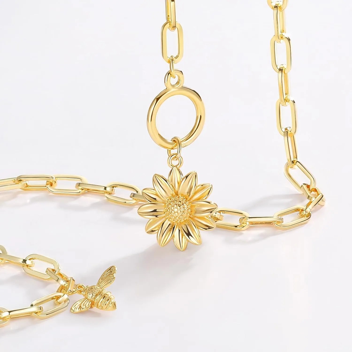 Paperclip Chain Necklace for Women, 18K Gold Plated Paperclip Toggle Chain Link Necklace with Sun Moon Star Compass Flower Charm Pendant
