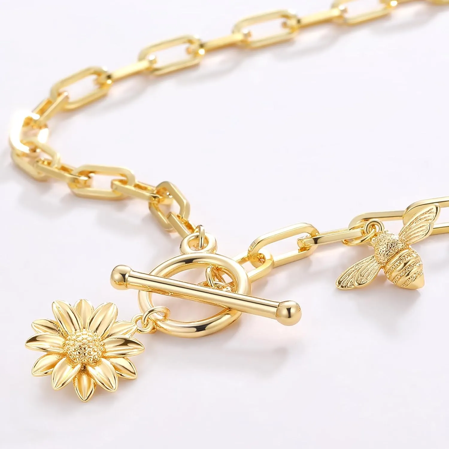Paperclip Chain Necklace for Women, 18K Gold Plated Paperclip Toggle Chain Link Necklace with Sun Moon Star Compass Flower Charm Pendant