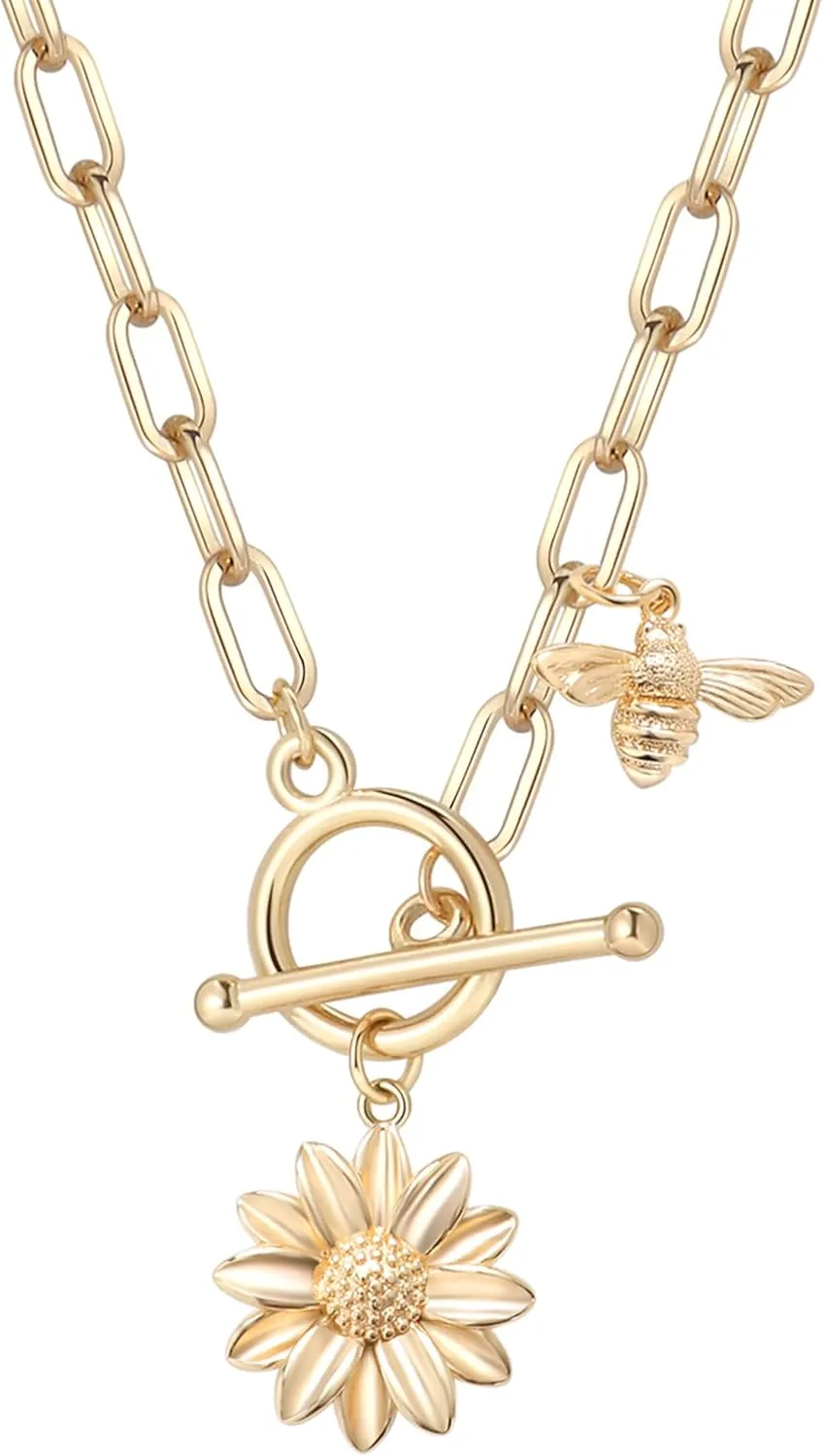 Paperclip Chain Necklace for Women, 18K Gold Plated Paperclip Toggle Chain Link Necklace with Sun Moon Star Compass Flower Charm Pendant
