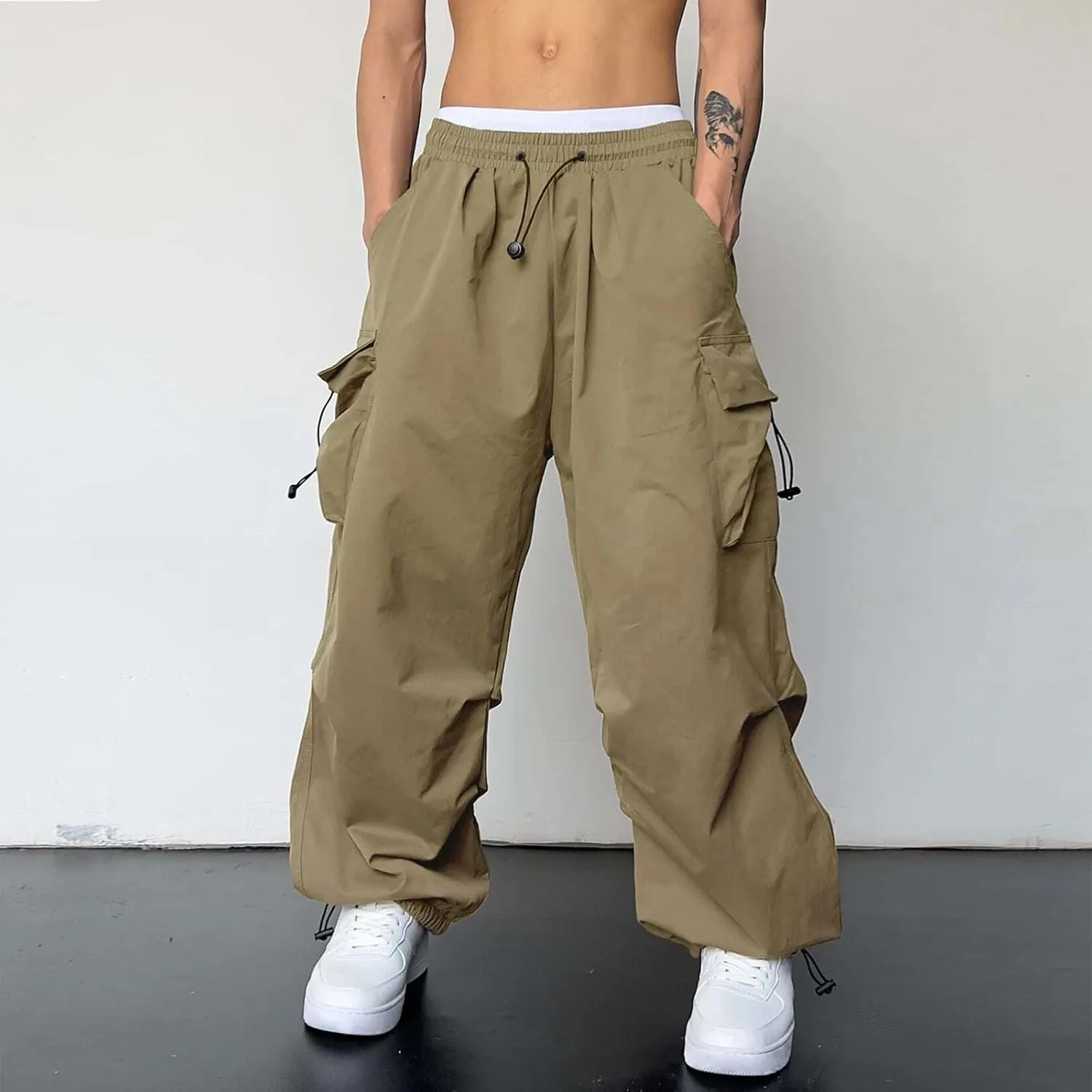 Parachute Pants Men Casual Baggy Cargo Sweatpants Trendy Loose Fit Y2K Hip Hop Drawstring Harem Pants for Streetwear