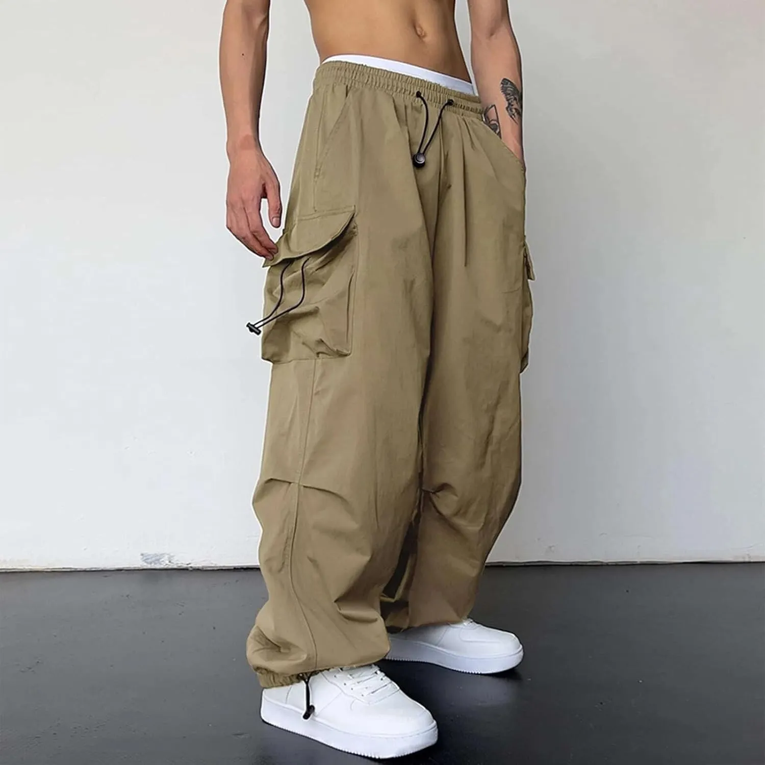 Parachute Pants Men Casual Baggy Cargo Sweatpants Trendy Loose Fit Y2K Hip Hop Drawstring Harem Pants for Streetwear